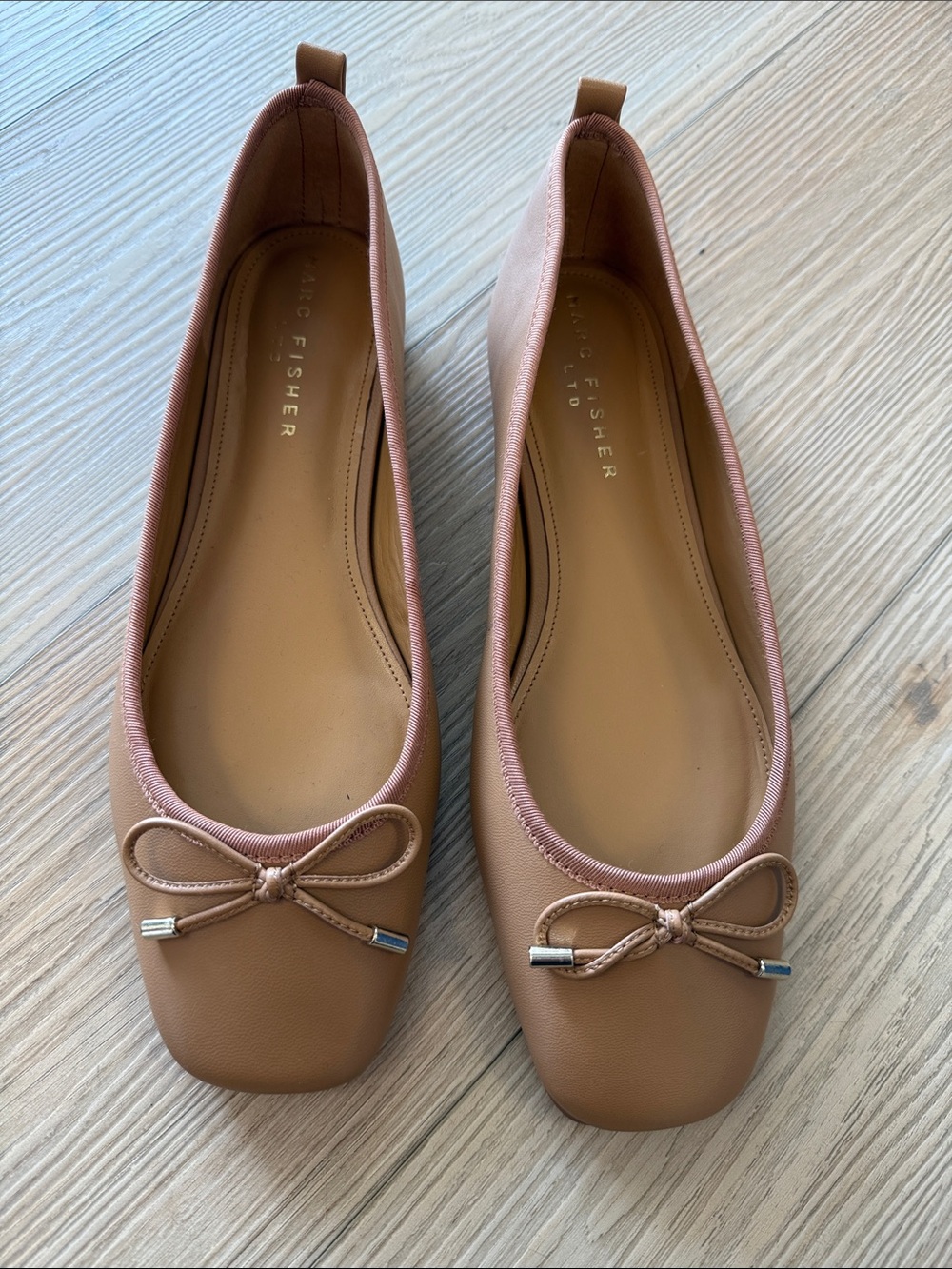 Marc Fisher Taupe/Tan Square-Toe Ballet Flats with Bow Trim